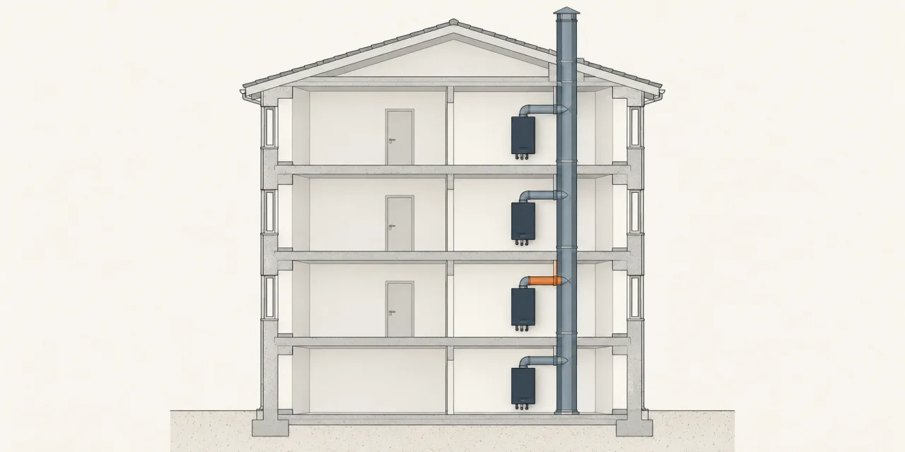 Palazzina di quattro piani in sezione: una caldaia per piano collegata a un’unica canna fumaria collettiva, con un raccordo evidenziato in arancione