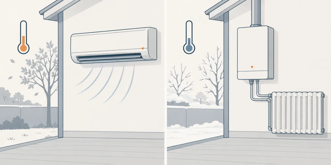 Due riquadri: in autunno un climatizzatore acceso e un termometro più alto, in inverno una caldaia murale con radiatore e un termometro basso